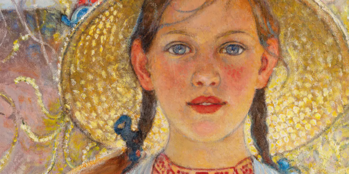 Carl Larssons målning 'Flicka med hatt under blomstrande träd' säljs på Christiania Auksjoner i Oslo den 21 oktober. Foto © Christiania Auksjoner (detalj)