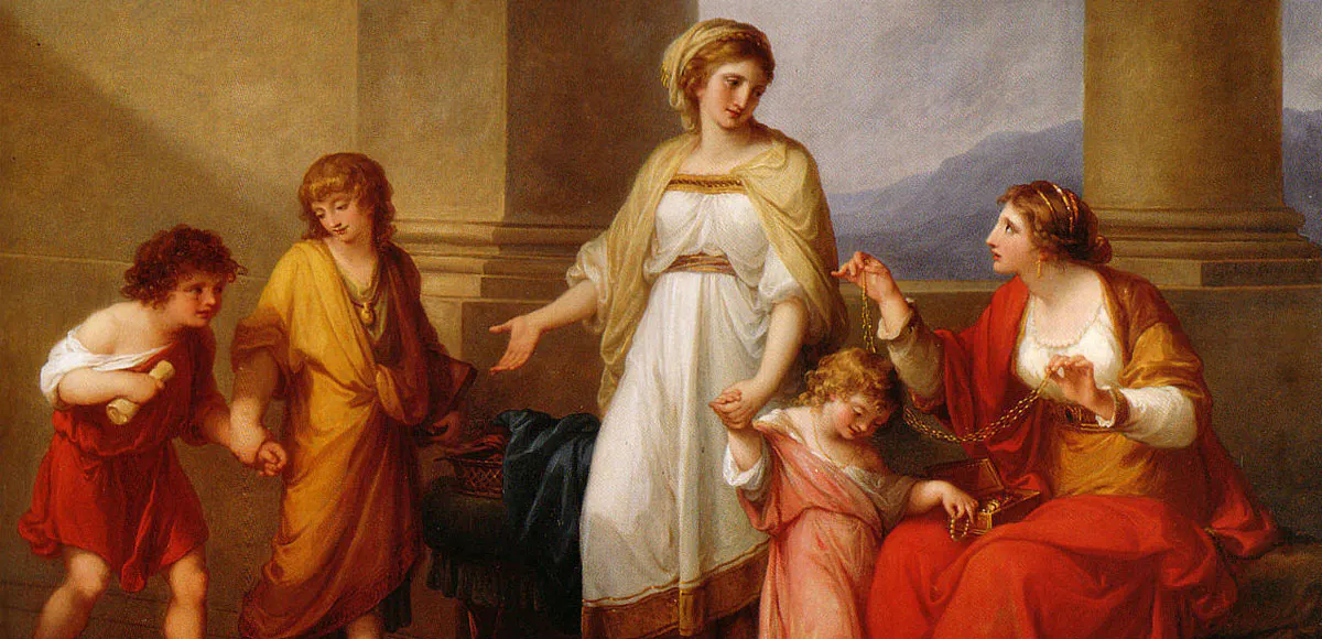 Angelika Kauffmann, ‘Cornelia, Mutter der Gracche’, 1785, olja på duk, 101 x 127 cm. Foto public domain (detalj)