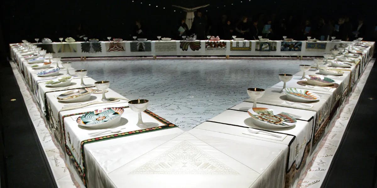 'The Dinner Party' (1979) by American artist Judy Chicago is on permanent display on March 22, 2007 at the newly opened Elizabeth A. Sackler Center for Feminist Art at the Brooklyn Museum in Brooklyn, New York. Photo STAN HONDA/AFP via Getty Images (detail)
