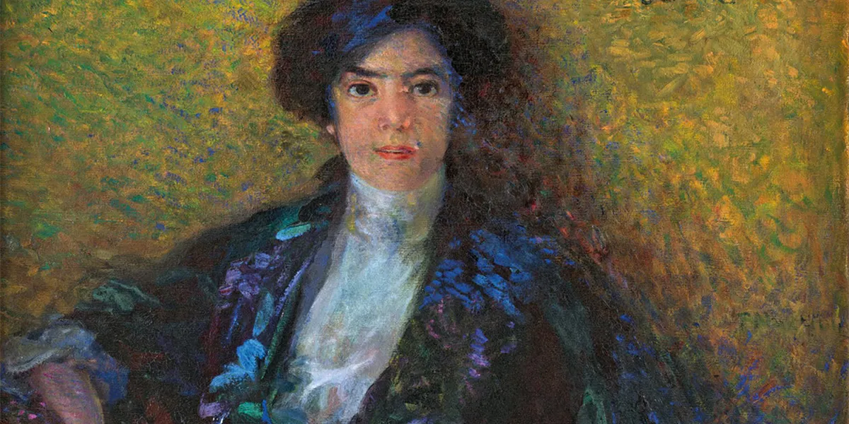 Plinio Nomellini (1866–1943), Ritratto di Grazia Deledda, 1914, olio su tela, collezione privata. Immagine di dominio pubblico (dettaglio)