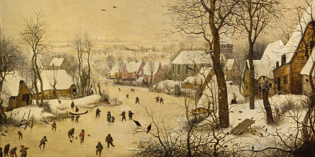 Pieter Bruegel der Ältere (um 1525/30-1569), Winterlandschaft mit Eisläufern und Vogelfalle, 1565, Öl/Eichenholz, 37 x 55,5 cm, Königliche Museen der Schönen Künste, Brüssel. Foto gemeinfrei (Detail)