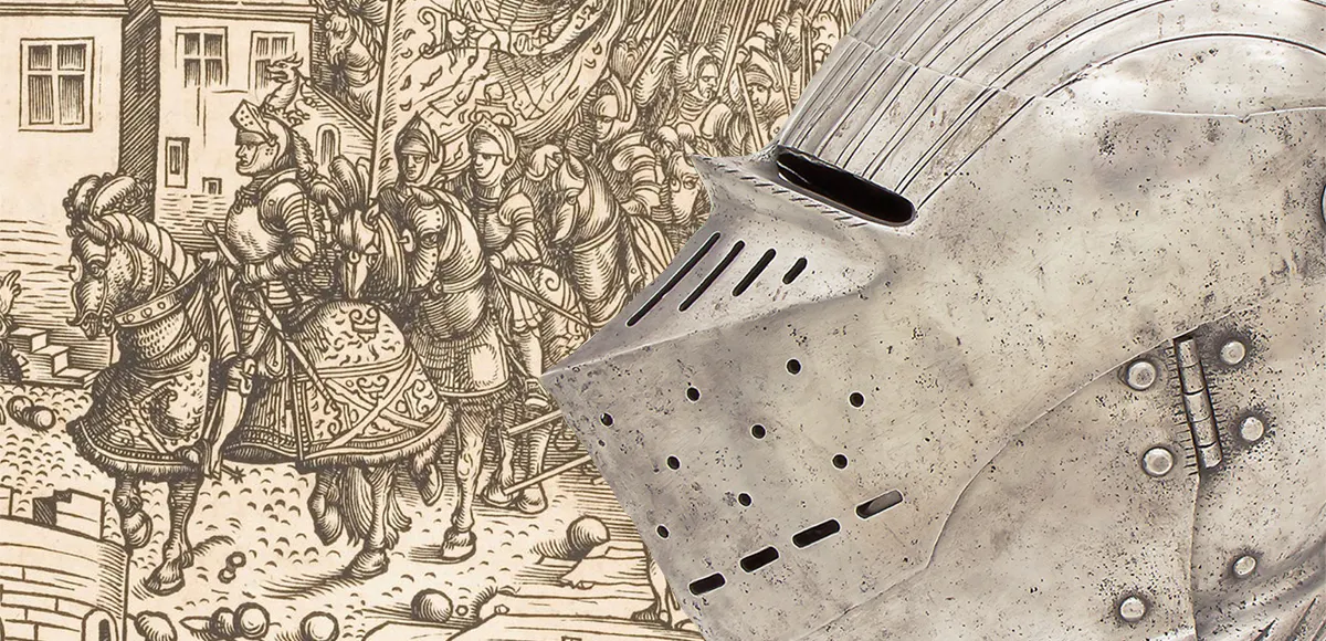 Collage aus einer Darstellung Kaiser Maximilians I. zu Pferd aus dem "Weißkunig". Foto gemeinfrei (Detail) und einem geschlossenen Helm im maximilianischem Dekor, süddeutsch oder Innsbruck um 1515. Foto © Landshuter Rüstkammer (Detail)