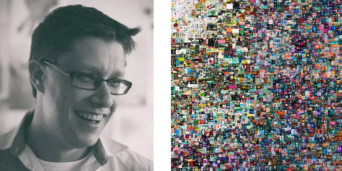 Left: Mike Winkelmann aka Beeple, 2020. Photo via Wikimedia Commons (https://creativecommons.org/licenses/by-sa/4.0/). Right: Beeple's "Everydays: The First 5000 Days" became the most expensive digital artwork at auction in 2021. Photo © Christie's