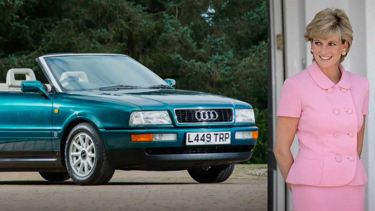 Izquierda: El antiguo Audi A4 80 descapotable de 1994 puesto a la venta en marzo. Foto: Classic Car Auctions. Derecha Princesa Diana en Argentina. Foto de Tim Graham. foto  vía Getty Images