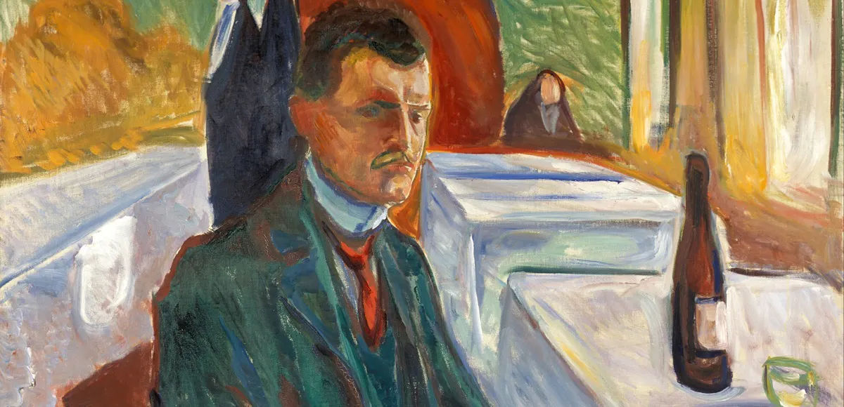 EDVARD MUNCH. Autorretrato con botella de vino (1906). Imagen vía: Google Art Project