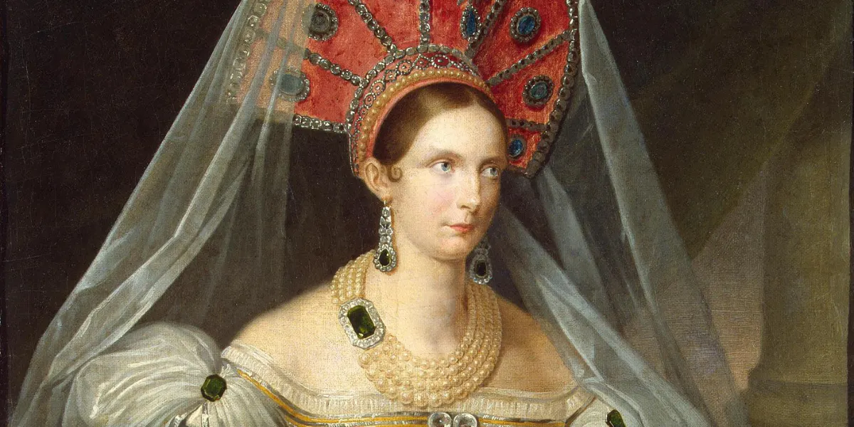 A. Malyukov, Portrait of Empress Alexandra Feodorovna (Charlotte of Prussia) (1798-1860), 1836, Hermitage Museum. Image in the public domain (detail)