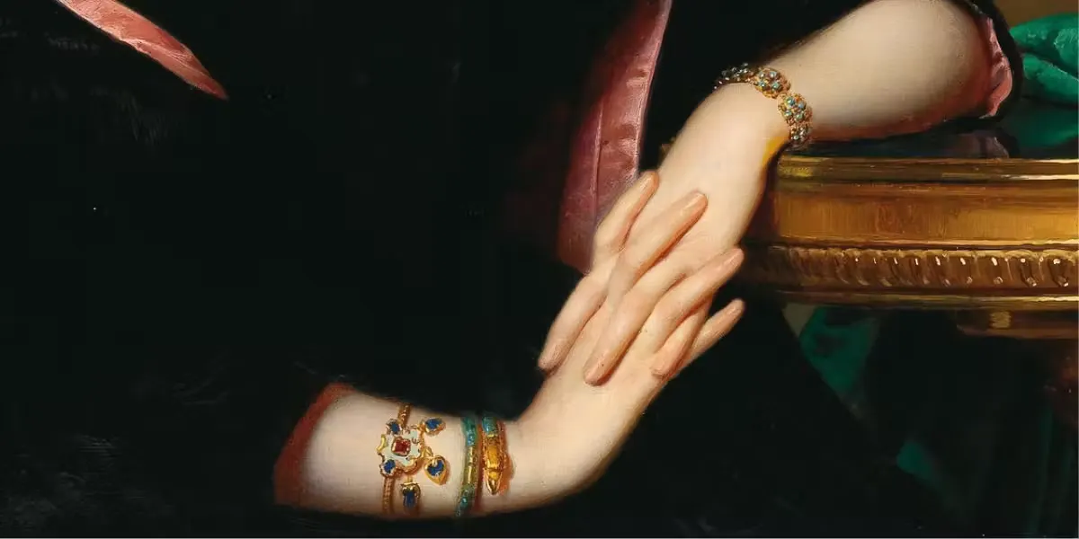 Anton Einsle (1801-1871), Portrait d'une jeune femme portant des bracelets, 1847, huile sur toile, 79 x 63 cm. Photo dans le domaine public (détail)