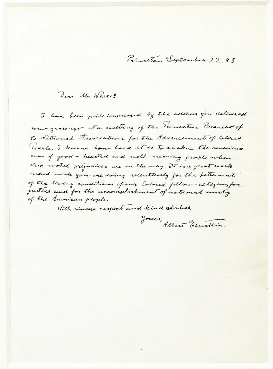 Albert Einstein, Autograph Letter Signed [ALS] Denouncing Racial Segregation. Princeton: September 22, 1943. One page on Einstein’s embossed Mercer Street, Princeton letterhead (7.25x10 in visible), handsomely matted and framed with a photograph of Einstein. Image © Manhattan Rare Books