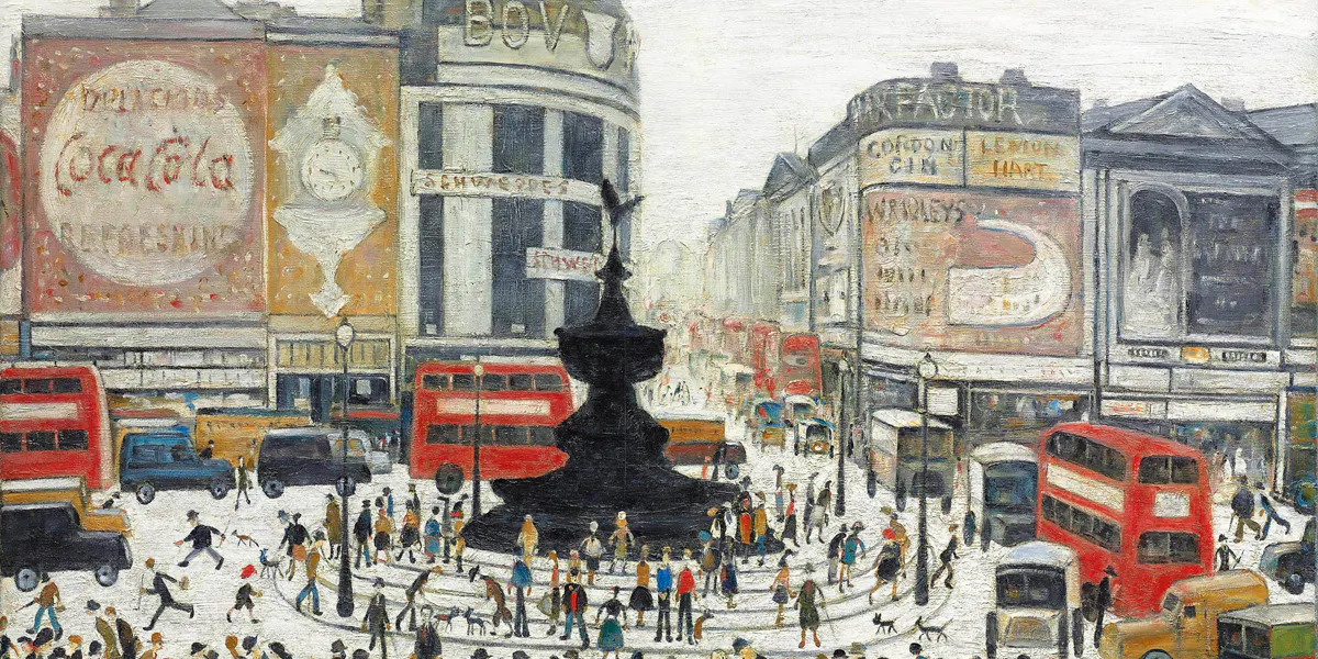 Stephen Lowry, R.A., ‘Piccadilly Circus, London’, 1960, signerad och daterad 'L.S. LOWRY 1960' olja på duk, 76.2 x 101.6 cm (detalj). Foto © Christies