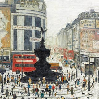 Stephen Lowry, R.A., ‘Piccadilly Circus, London’, 1960, signed and dated 'L.S. LOWRY 1960' lower right, oil on canvas, 76.2 x 101.6 cm (detail). Photo © Christies