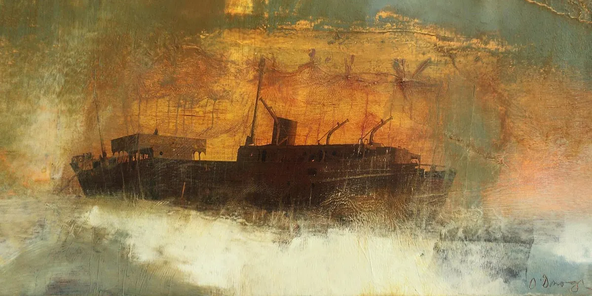 Hughie O’Donaghue, ‘Exodus 6’, 2005, oil and mixed media on board, 50 x 96.5 cm. Photo: Castlegate House Gallery 
