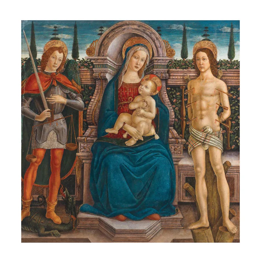 Filippo d'Antonio Filippelli (1460 Badia a Passignano - 1506), Madonna col Bambino in trono e i santi Michele e Sebastiano, olio/legno, 116 x 114,5 cm. Foto © Dorotheum