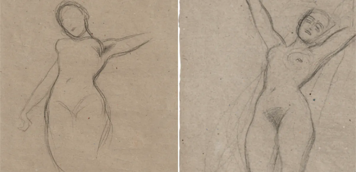 Gustav Klimt, Studien für das Fakultätsbild "Medizin" ("Schwebende"), schwarzer Stift auf graubraunem Papier (beidseitig), 1897/98 | Fotos: © Bassenge (Details)