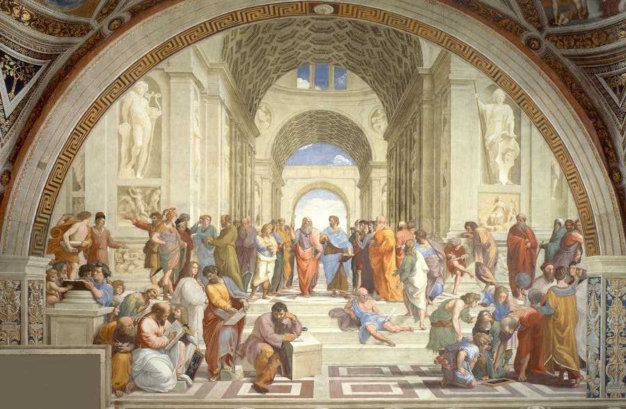 Raphael, The School of Athens (1511), fresco. Stanza della Segnatura, Palazzi Pontifici, Vatican, Rome. Photo in the public domain