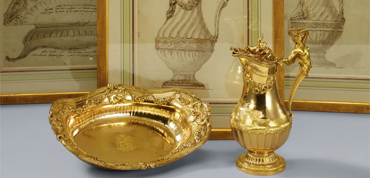 Servizio di lavabo per il marchese e la marchesa de Montmelas, argento con dorature in argento à deux couleurs, 2 parti, Parigi, Jean-Baptiste François Chéret, 1770, con i disegni originali con firma e note. Foto © Lempertz (dettaglio)