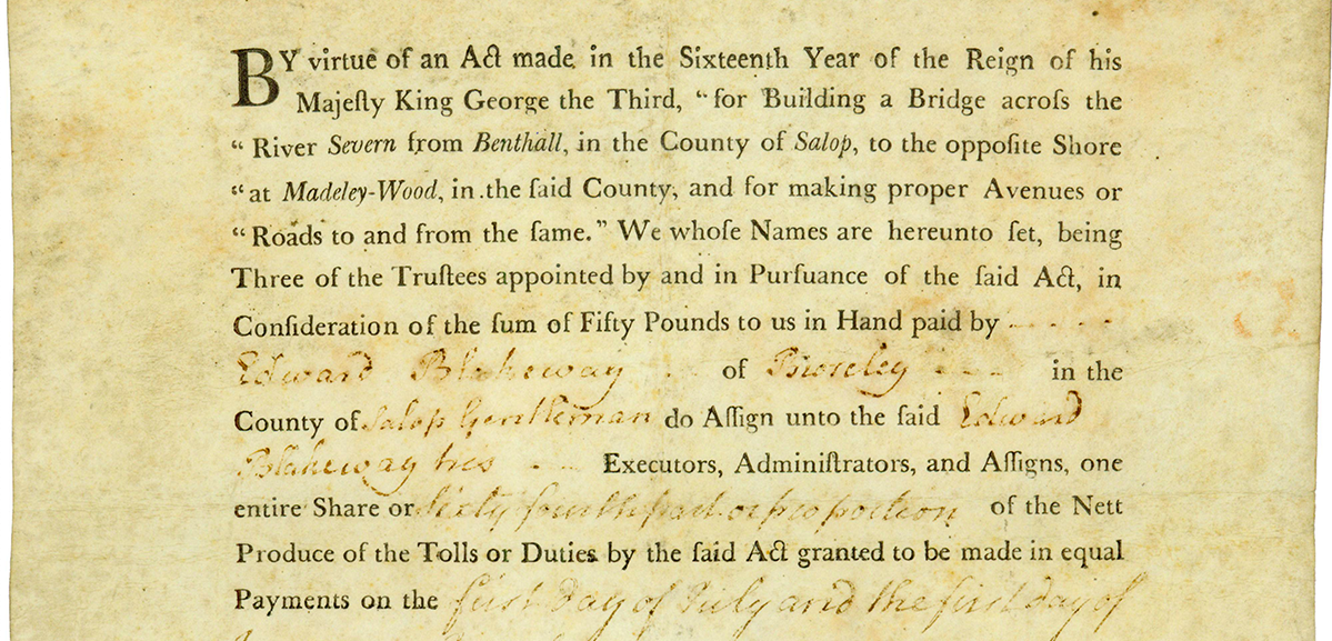 Iron Bridge - Company "for Building a Bridge across the River Severn" - 20.10.1777, Gründeraktie über £ 50 | Foto: © HWPH (Detail)