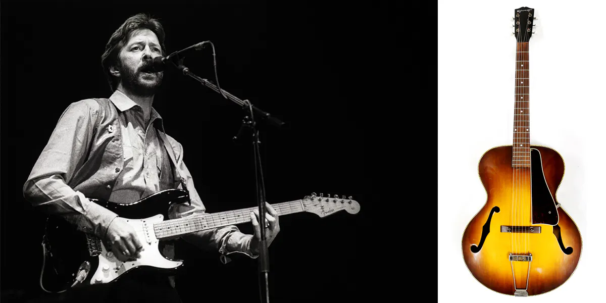 Left: Eric Clapton performs on stage at Ahoy, Rotterdam, Netherlands, 23 April 1983. He plays a Fender Stratocaster guitar. Photo by Rob Verhorst/Redferns via Getty Images. Right: Eric Clapton’s Gibson Kalamazoo guitar. Photo: Ewbank’s Auctions