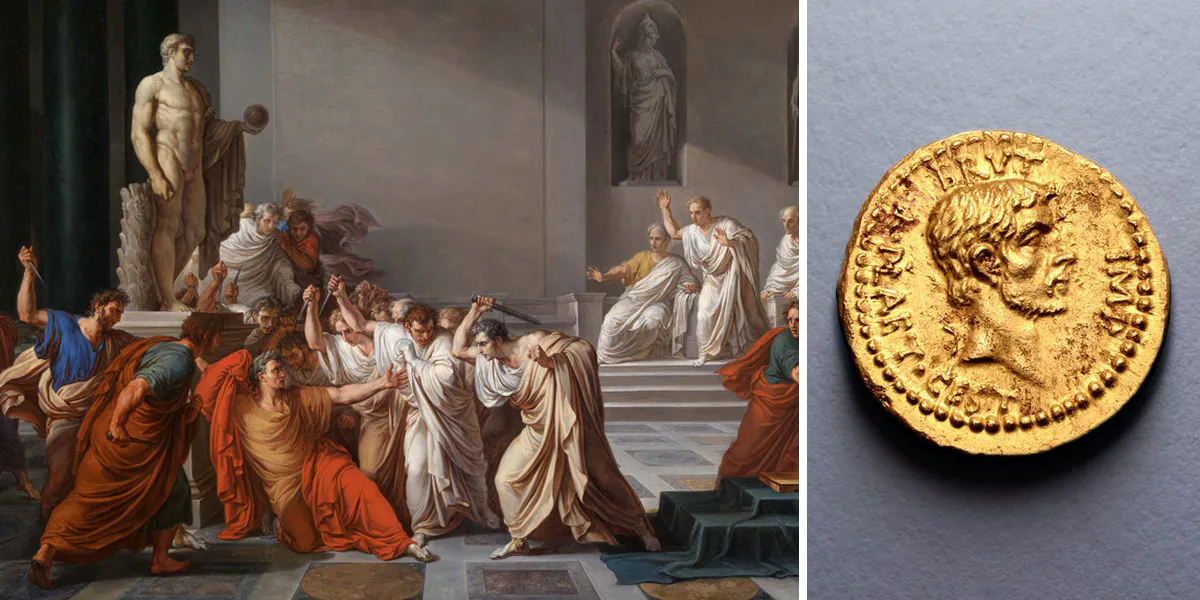 Left: Vincenzo Camuccini, ‘La morte di Cesare’ [detail], 1804-05, oil on canvas, Galleria Nazionale d'Arte Moderna, Rome. Photo via Wikimedia Commons. Right: Q. Servilius Caepio (M. Junius) Brutus AV Aureus (Vorderseite). Photo: © Roma Numismatics Limited
