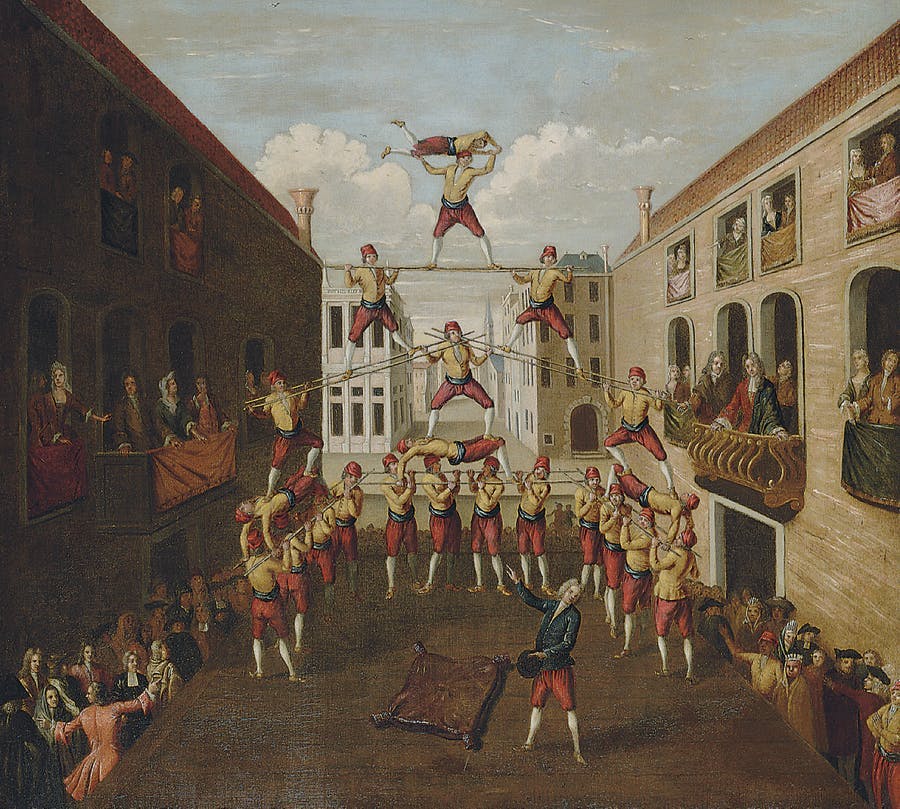 Balthasar Nebot, 'Le Forze D'Ercole'; the Castellani acrobats in a Venetian square, oil on canvas, image © Christie's