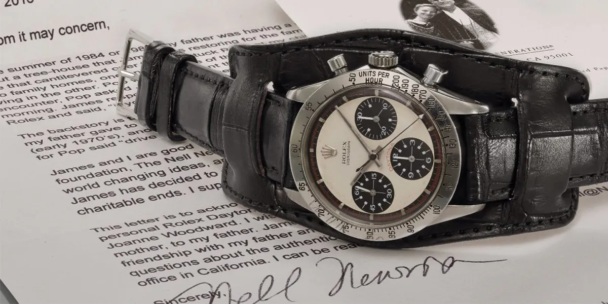 Rolex Daytona, réf. 6239, 1968, montre-bracelet chronographe en acier inoxydable avec cadran blanc cassé et lunette tachymétrique, 37 mm de diamètre, image © Phillips