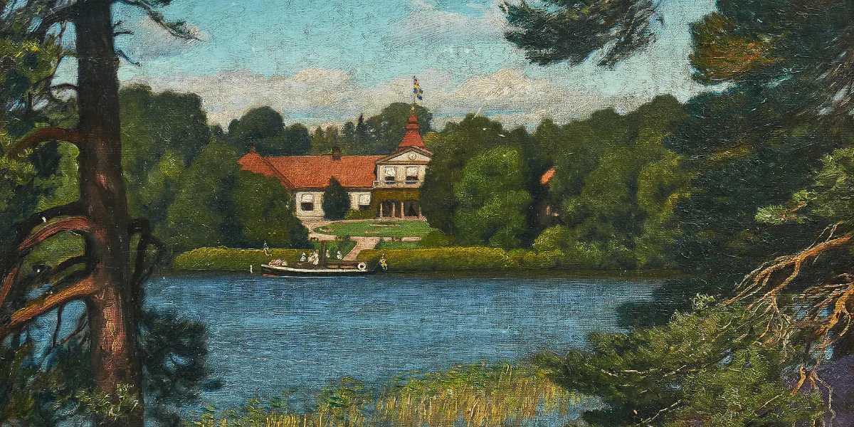 Gustaf Ankarcrona (1869-1933), ‘Vy mot Edeby Gård i Södermanland’, signerad och daterad G. Ankarcrona 25, olja på duk, 42 x 52 cm, med påskrift på spännramen: "Till Friherrinnan Sophia Louise Plessen, i vördnadsfull tillgifvenhet o tacksamhet. Edeby den 25/8 [...]". Foto © Uppsala Auktionskammare (detalj)