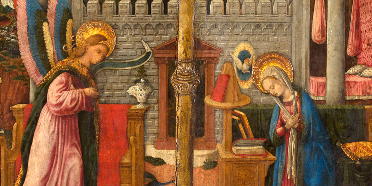 Antonio Vivarini, detto Antonio da Murano (Murano, 1415 - 1466/1484, Venezia), e Giovanni D'Alemagna (Venezia, 1411 - 1450), L'Annunciazione, tempera su tavola, circa  1443, 98 x 90 cm (dettaglio). Foto © Aguttes