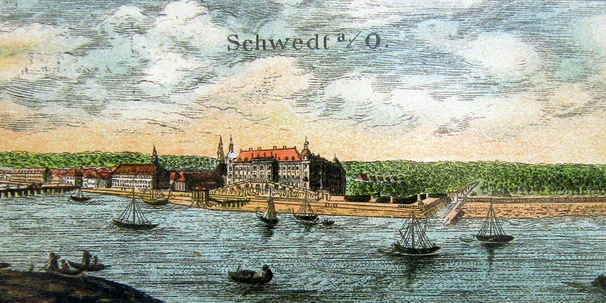 Ausschnitt einer Postkarte aus Schwedt mit dem Schloss von 1669. Foto von Rettinghaus via Wikimedia Commons, Lizenz CC BY-SA 3.0 (Detail)