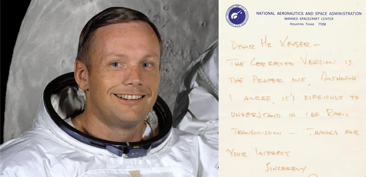 Links: Neil Armstrong (1930-2012) | Foto via Wikipedia (Detail) || Rechts: Eigenhändiger und signierter Brief von Neil Armstrong, Houston, 1969/70 | Foto: © Kiefer (Detail)