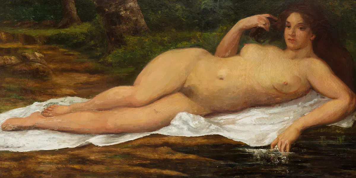 Gustave Courbet (1819 Ornans - 1877 La-Tour-de-Peilz), Grande baigneuse (Femme nue couchée au bord de l'eau), 1869 circa, firmato, olio su tela, 83,3 x 160 cm. Immagine © Rouillac (particolare)