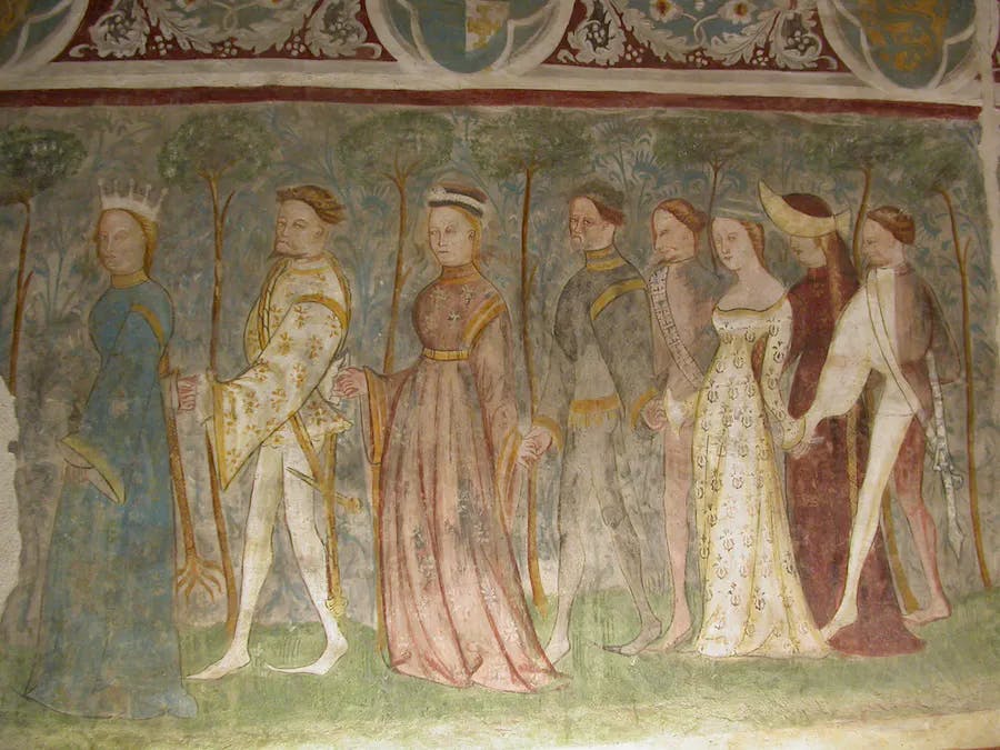 Courtly dance, secular frescoes in Runkelstein Castle, Bozen, South Tyrol. Photo by DKrieger - Own work (license CC BY-SA 3.0) via Wikimedia Commons
