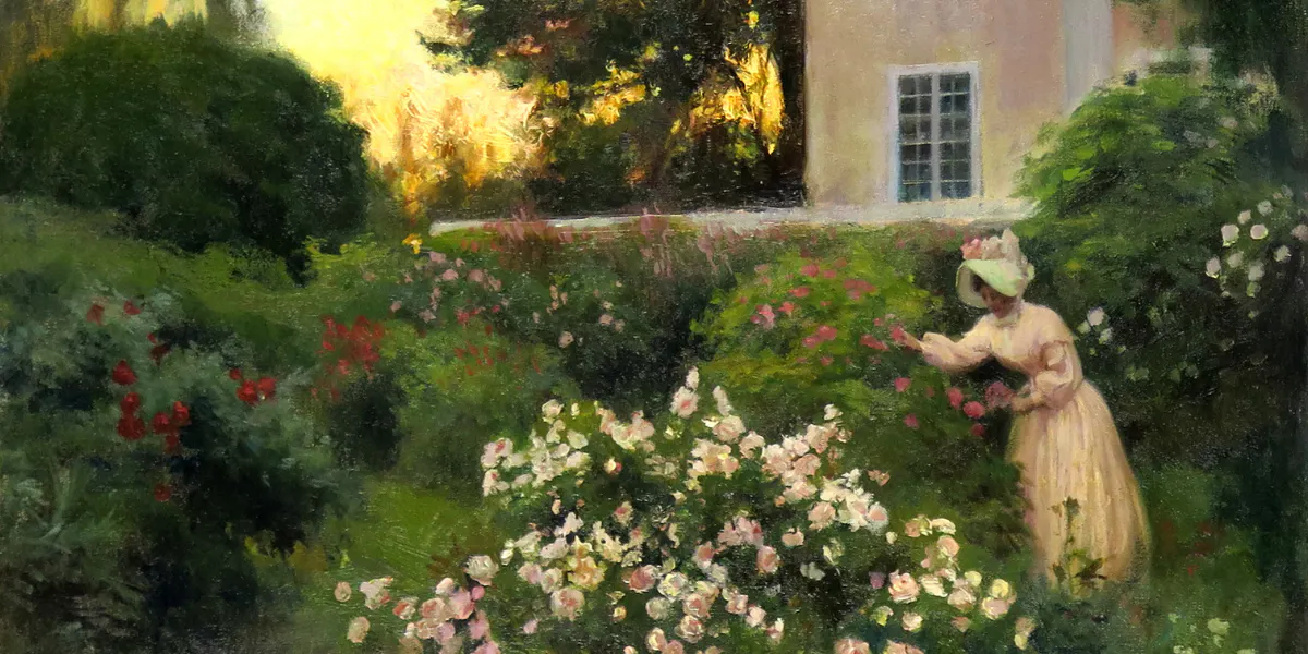 Olio di Albert Edelfeldt "Fra le rose", motivo del giardino di Haiko, eseguito nel 1898 con lievi ritocchi nel 1899, firmato con dedica "Dr T Tallqvist in memoria di Haiko e di A Edelfeldt". Dipinto senza cornice; 38 x 55 cm. Foto © Hallands Auktionsverk (particolare)