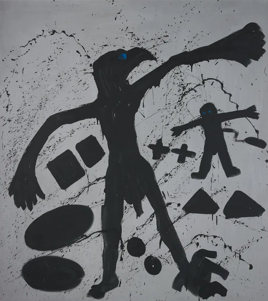 A.R. Penck (1939-2017), World of the Eagle I, 1981, emulsion paint/canvas, 280 x 250 cm. The painting, which Penck painted shortly after moving to the Federal Republic of Germany, is the artist's most expensive work to date on the auction market. In 2020 it was auctioned at Sotheby's in London for 531,000 GBP ($700,920). Image © Sotheby's
