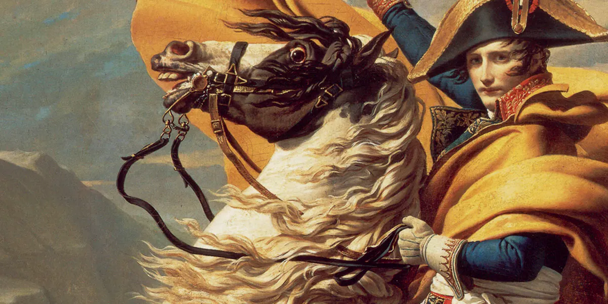 Jacques-Louis David (1748-1825), Bonaparte beim Überschreiten der Alpen am Großen Sankt Bernhard, 1800, Öl/Lwd., 259 x 221 cm, Schloss Malmaison. Foto gemeinfrei (Detail)