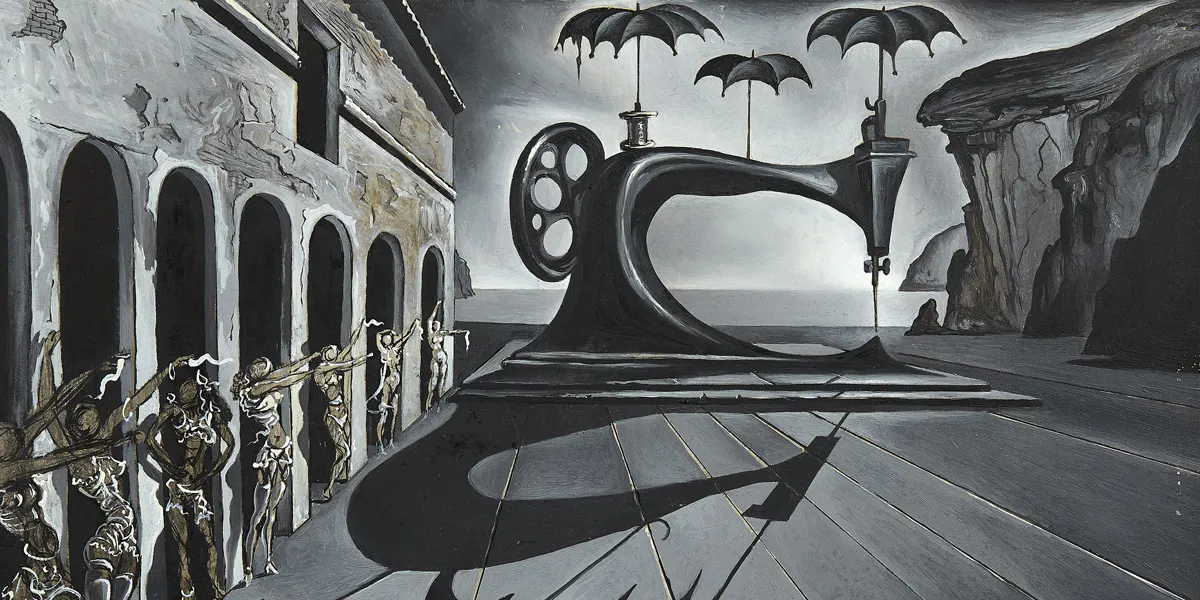 Salvador Dalí (1904 - 1989), Machine à coudre avec parapluies dans un paysage surréaliste, 1941, huile sur panneau, 22,50 x 33,30 cm (détail). Photo © Artcurial