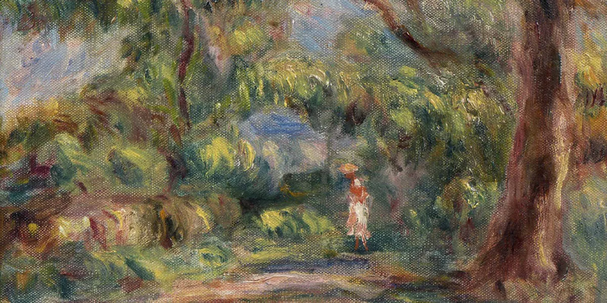 Pierre-Auguste Renoir (1841-1919), Paysage, allée de ferme avec femme en rouge et blanc, 1918, Öl/Lwd., 25 x 30 cm. Foto © Rossini (Detail)