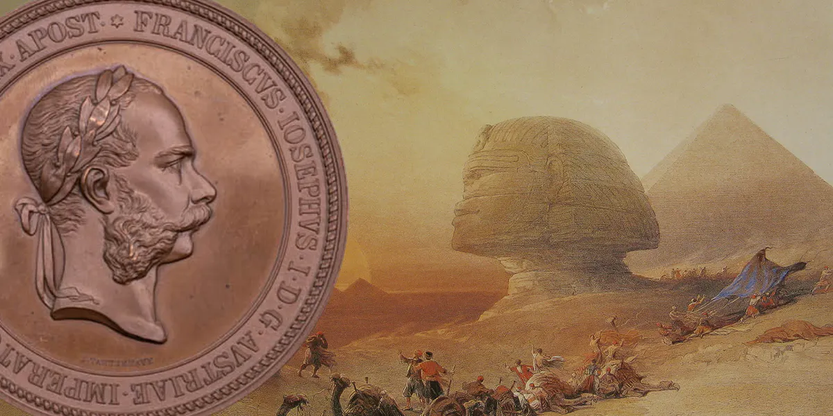 Vordergrund: Österreich, Habsburger, Franz Joseph (1848-1916), Medaille 1869, von J. Tautenhayn, auf die Reise nach Ägypten und die Eröffnung des Suez-Kanals. Foto © Wormser Auktionshaus (Detail). Hintergrund: "Herannahender Sandsturm in Giseh", kolorierter Stich aus David Roberts "The Holy Land, Syria, Idurnea, Arabia, Egypt & Nubia" von 1838. Foto gemeinfrei 