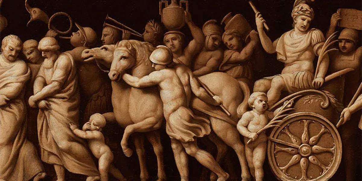 Polidoro da Caravaggio (um 1497 Caravaggio – um 1543 Messina), Römischer Triumphzug und Bacchanal (Gemäldepaar), Öl/Lwd., je 34 x 100 cm. Foto © Hampel (Detail)