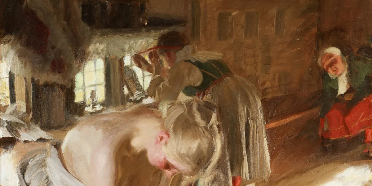 Anders Zorn (1860-1920), "Söndagsmorgon", 1891, Öl/Lwd., signiert, ortsbezeichnet und datiert, 121 x 93 cm. Foto © Bukowskis (Detail)