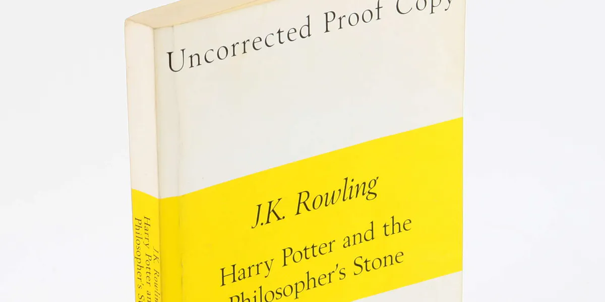 Harry Potter and the Philosopher's Stone, Bloomsbury, 1997, by J.K. Rowling, uncorrected proof copy of the first edition book in original white and yellow wrappers, one of approximately 200 copies produced, includes error to title page "J.A Rowling", 224pp, numbered 10 9 8 7 6 5 4 3 2 1 (detail). Photo © Ewbank's