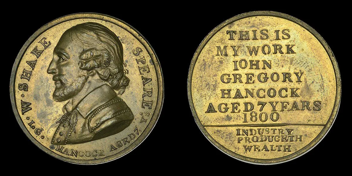 Half Penny by 7 year old John Gregory Hancock featuring a bust portrait of William Shakespeare, 1800. Image © Dix Noonan Webb