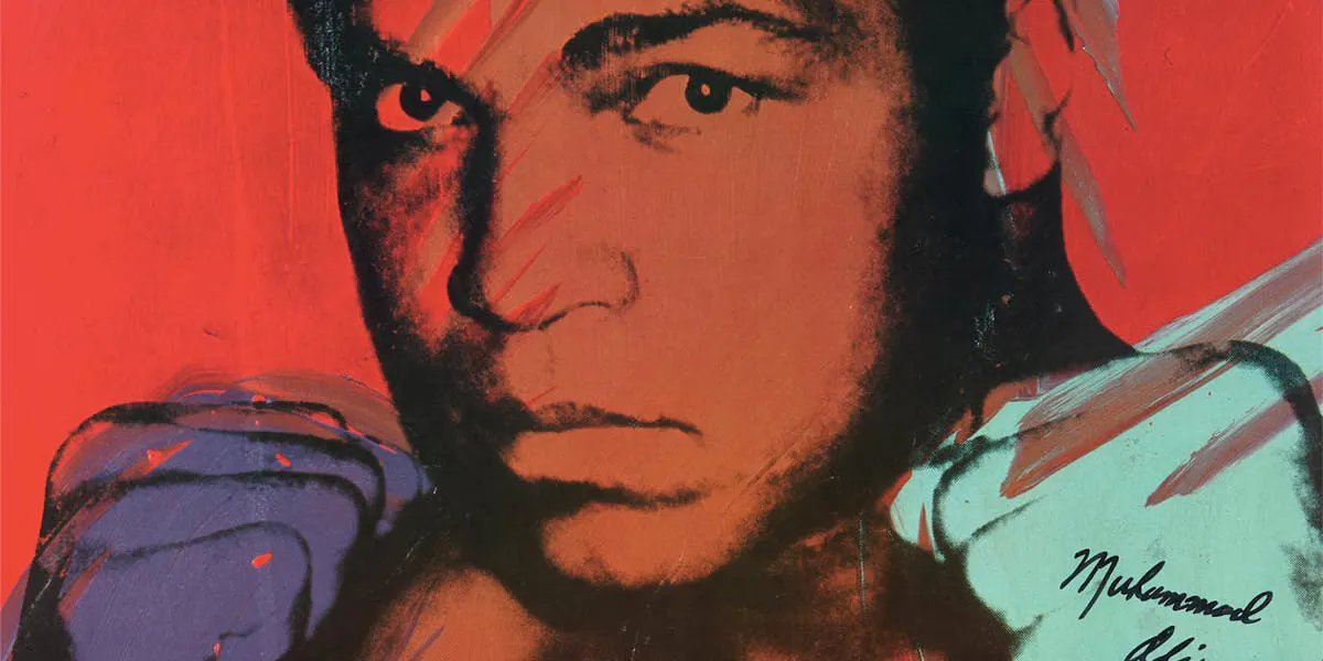 Rare color lithograph "Muhammad Ali by Andy Warhol", with "© 1978 Andy Warhol Enterprises" lower right, signed by Muhammad Ali in black ink "Muhammad Ali, Nov 1984", framed. Sold for $6,120. Photo © Bonhams (detail)