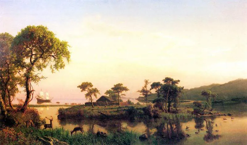 ALBERT BIERSTADT. "Gosnold at Cuttyhunk". Óleo sobre lienzo (1858)
