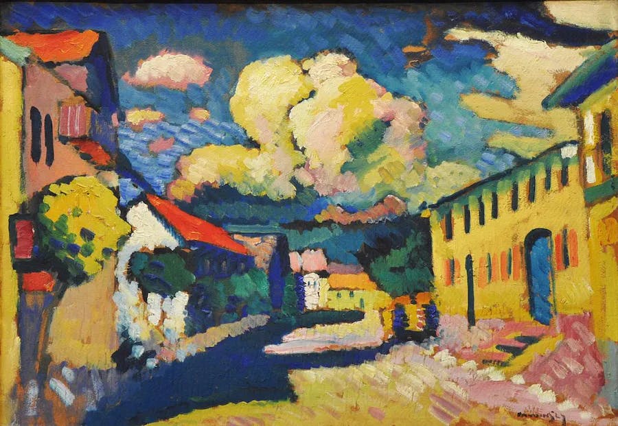 Wassily Kandinsky (1866-1944), Murnau, Dorfstrasse, 1908, oil/cardboard/wood, 48 x 69.5 cm, private collection. Public domain image