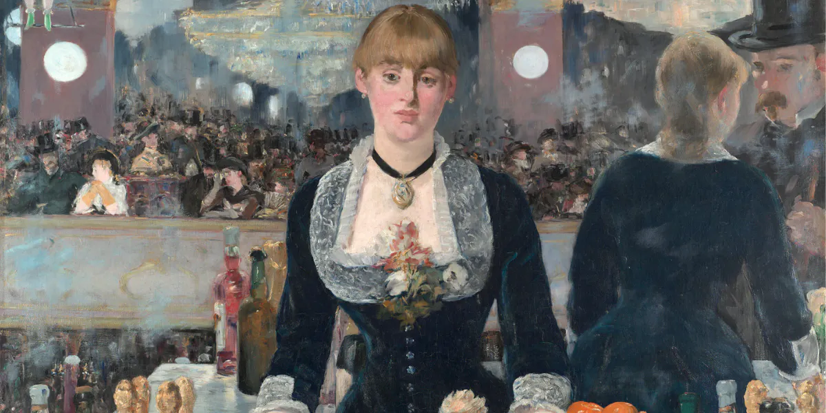 Édouard Manet (1832-1883), Un Bar aux Folies Bergère, huile sur toile, 1882, 93 x 130 cm. Domaine public (détail)