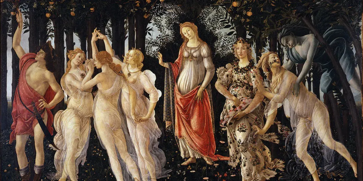 Sandro Botticelli, 'Primavera', 1478-82, tempera on wood panel, 203 x 314 cm, Uffizi Gallery, Florence (detail). Photo public domain