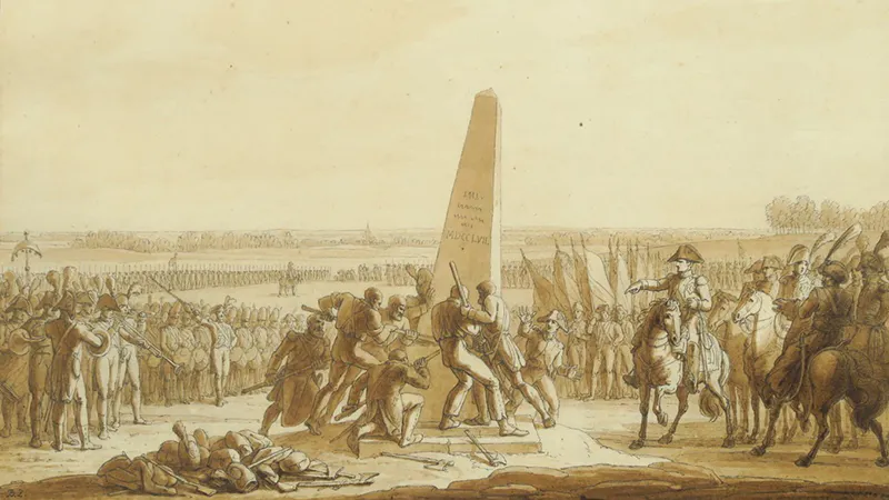 Benjamin Zix,  La destruction de la colonne de Rosbach le 18 octobre 1806 (détail), plume et encre brune, lavis brun sur esquisse au crayon noir, image © Ivoire Toulouse/Primardeco