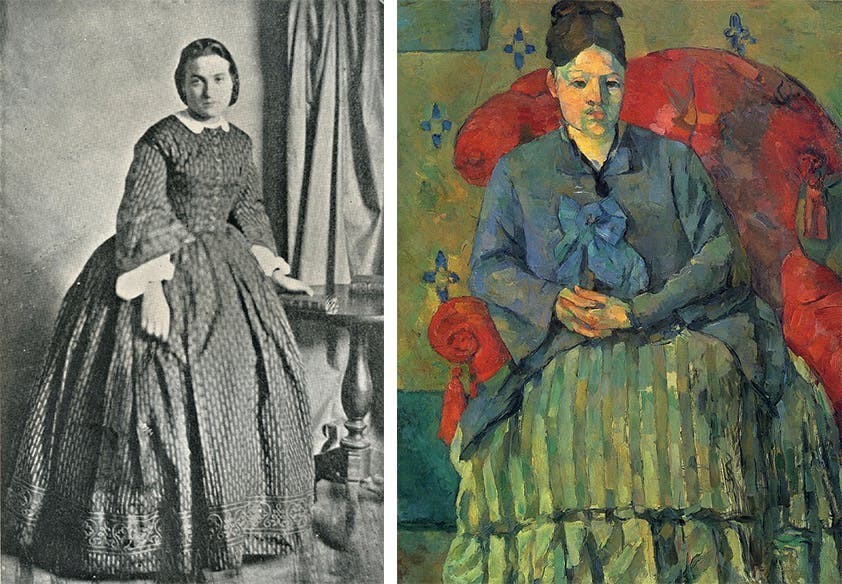 Gauche : Marie-Hortense Fiquet vers 1870, image © Société Paul Cézanne / Droite : Paul Cézanne, Madame Cézanne dans un fauteuil rouge, 1877, image © CCØ