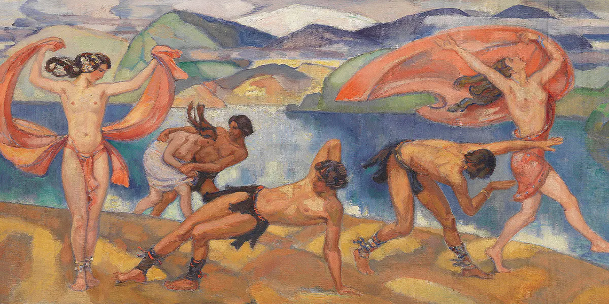 Ludwig von Hofmann (1861-1945), Danza in un ampio paesaggio, 1910 circa, olio su tela, 70 x 148 cm. Foto di pubblico dominio (dettaglio)