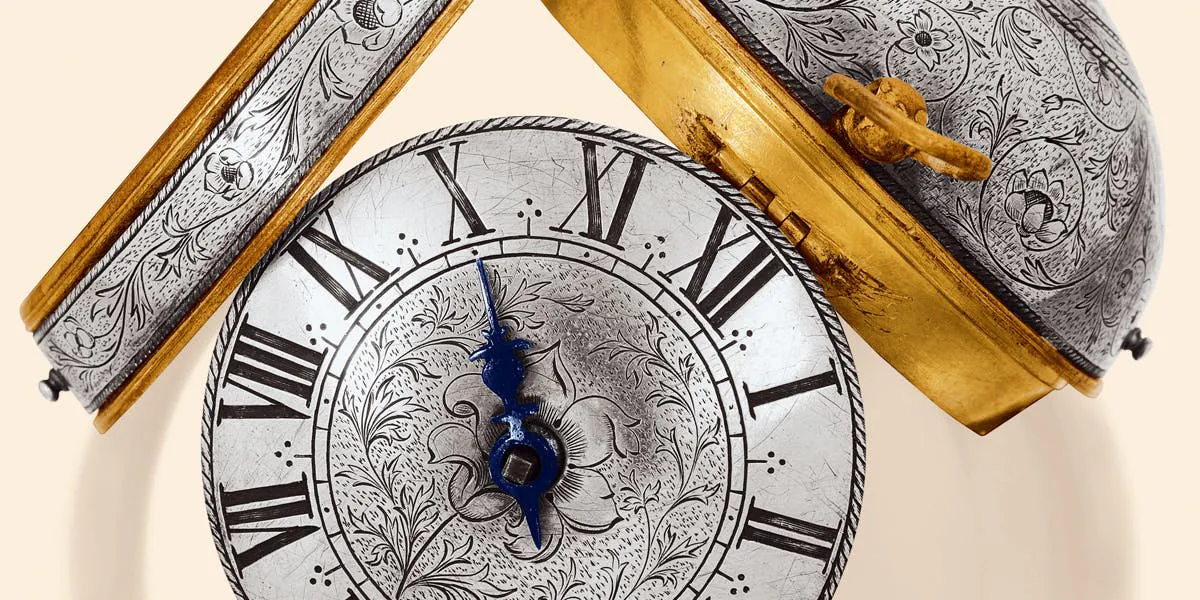 Jean Hubert à Toulouse, um 1690, Louis XIV-Zwiebeluhr mit einem Zeiger, vergoldetes und versilbertes Doppelgehäuse, Boden und Lünette graviert mit Blumen und Blattwerk. Foto © Antiquorum (Detail)