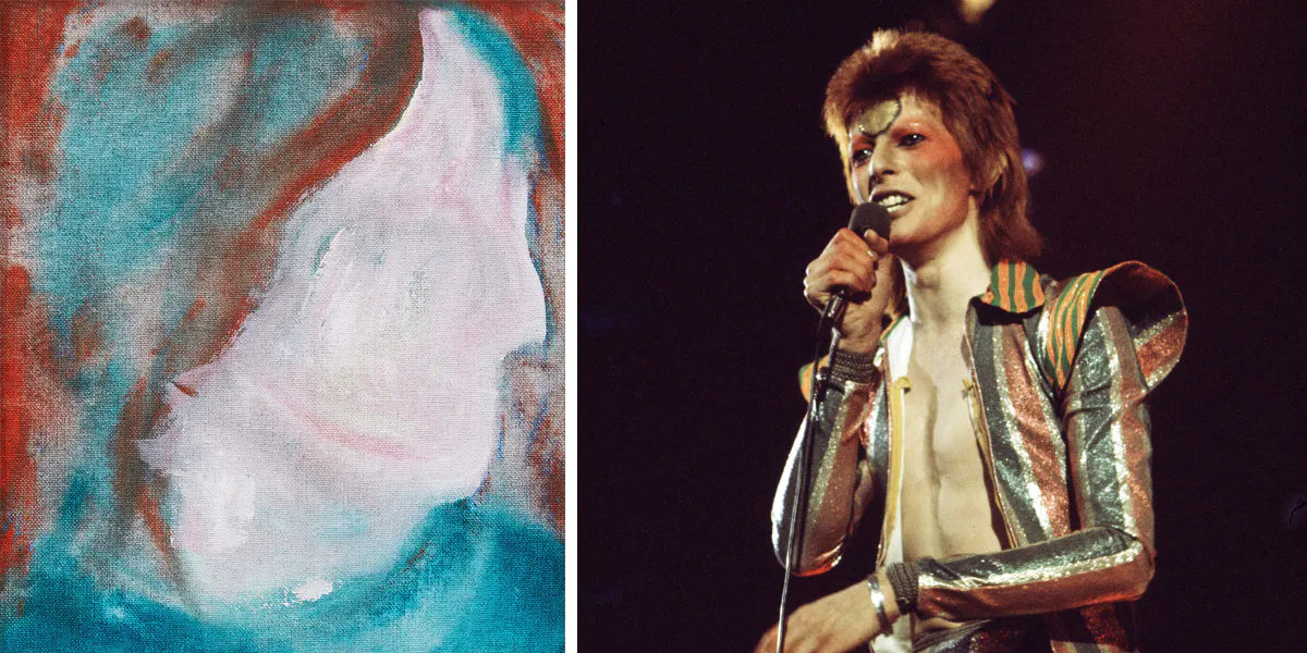 A sinistra: David Bowie, "DHead XLVI", acrilico e collage di computer su tela. Foto © Cowley Abbott. A destra: David Bowie (1947-2016) si esibisce sul palco durante il suo tour Ziggy Stardust / Aladdin Sane a Londra, 1973 (dettaglio). Foto di Michael Putland / Getty Images 